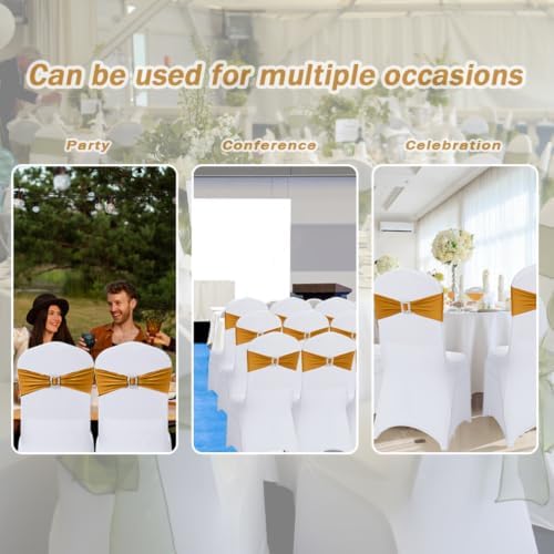 Joccun 120 PCS Spandex Chair Sashes Bows Stretch Chair Cover Band with Buckle Slider Universal Elastic Chair Ties for Wedding Banquet Party Event Decoration (Gold) - Image 7