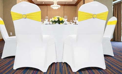 VDS - Yellow | Spandex Chair Sashes Bows | 150 PCS | Stretch Elastic Banquet Universal Folding Chair Band Tie with Silver Buckle Slider for Wedding Party Conference Celebration Event Decoration - Image 6