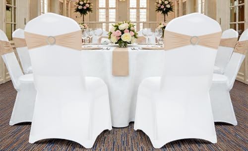VDS - Champagne | Spandex Chair Sashes Bows | 250 PCS | Stretch Elastic Banquet Universal Folding Chair Band Tie with Silver Buckle Slider for Wedding Party Conference Celebration Event Decoration - Image 6
