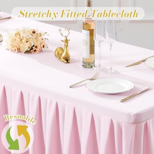 8 Pack Pink Rectangle Tablecloth 8 FT Stretch Spandex Fitted Table Cloth for 8 Foot Rectangle Tables Banquet Tablecloths Wrinkle Free Table Cover Skirt Ruffle Tablecloth for Party Wedding Birthday - Image 7