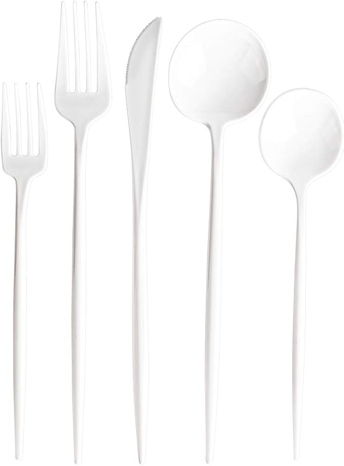 Novelty Modern Flatware Cutlery Disposable Plastic Combo Set 80 Count Luxury White, Service for 16