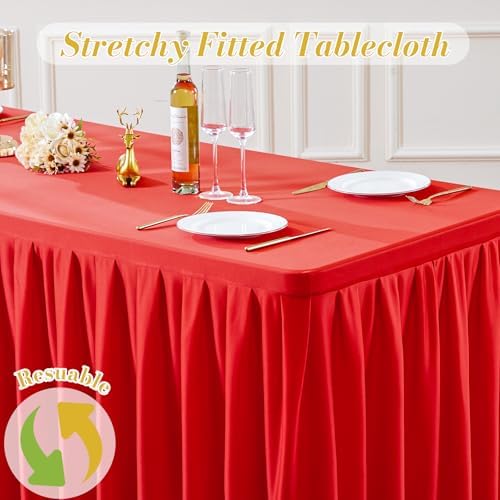 2 Pack Red Rectangle Tablecloth 6 FT Stretch Spandex Fitted Table Cloth for 6 Foot Rectangle Tables Banquet Tablecloths Wrinkle Free Table Cover Skirt Ruffle Tablecloths for Party Wedding Birthday - Image 7