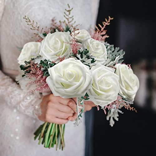 100 Pcs Artificial Foam Rose Flower Faux Bouquet Wedding Fake Rose Gift for Mother's Day Women DIY Bridal Shower Party Table Birthday Home Spring Decor (Ivory) - Image 7