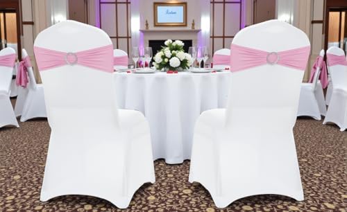 VDS - Blush Pink | Spandex Chair Sashes Bows | 200 PCS | Stretch Elastic Banquet Universal Folding Chair Band Tie with Silver Buckle Slider for Wedding Party Conference Celebration Event Decoration - Image 6