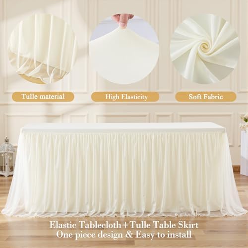 Ivory Tulle Tablecloth for 6 Foot Rectangular Tables 6ft Ivory Table Cloth Rectangle Wrinkle Free Table Cover with Tutu Skirt for Wedding Birthday Party Bridal Shower Banquet Buffet Cake Cocktail - Image 6