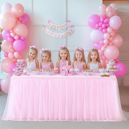 Pink Table Cloths for Parties Light Pink Tulle Tablecloth Rectangle, Pink Tulle Table Skirt Rectangle Table 6ft Fitted Table Covers Stretch Elastic Banquet Party Baby Shower Wedding Table Cloth 6 Foot - Image 7