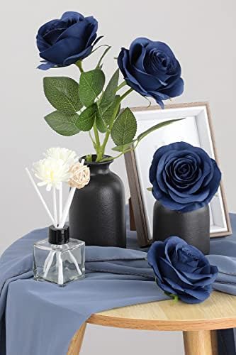 JUSMAI 12pcs Roses Artificial Flowers Navy Blue Fake Roses Flowers with Long Stems Silk Flowers for Wedding Bouquet Centerpices Decorations Party Bridal Baby Shower Home Decor - Image 7