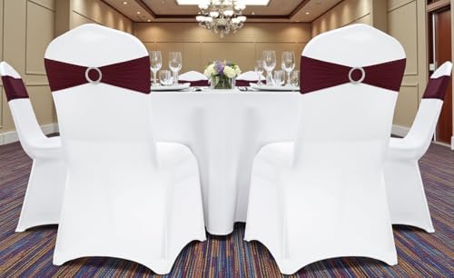 VDS - Burgundy | Spandex Chair Sashes Bows | 50 PCS | Stretch Elastic Banquet Universal Folding Chair Band Tie with Silver Buckle Slider for Wedding Party Conference Celebration Event Decoration - Image 6