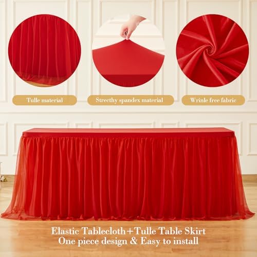 Suppromo 6 Pack 8ft Red Tulle Tablecloths for Rectangle Tables 8 Foot Red Rectangular Table Cloth Wrinkle Free Tablecover with Tutu Skirt for Baby Shower Wedding Birthday Party Banquet Buffet Cake - Image 6
