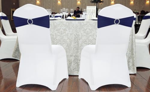 VDS - Navy Blue | Spandex Chair Sashes Bows | 200 PCS | Stretch Elastic Banquet Universal Folding Chair Band Tie with Silver Buckle Slider for Wedding Party Conference Celebration Event Decoration - Image 6