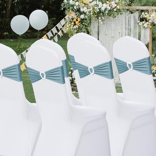 Pack of 120 Spandex Chair Sashes Bows Stretch Chair Cover Band with Buckle Slider Universal Elastic Chair Ties for Wedding Banquet Party Event Decoration (Dusty Blue) - Image 7