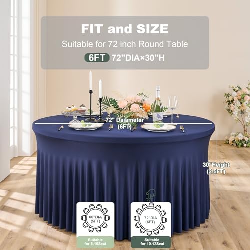 Outpain 8 Pack Navy Blue Spandex Round Tablecloths - Fitted 132in Wrinkle Free Table Covers with Skirt for 72in Table, Wedding Party Dining Banquet - Image 6