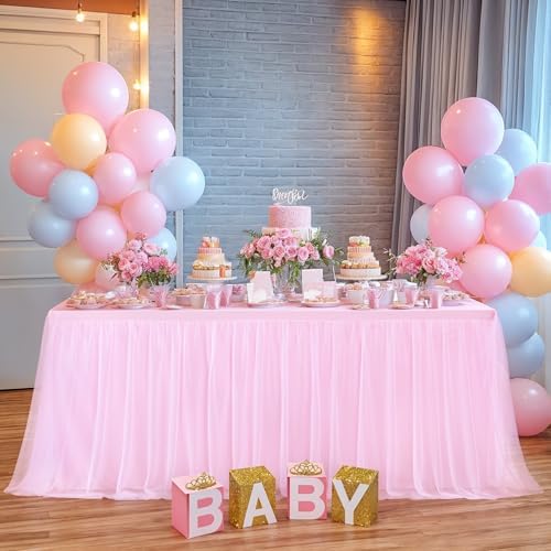 HB HBB MAGIC Baby Pink Table Cloths 8 Foot Rectangle Tulle Table Skirt Rectangle Tables 8ft Fitted Spandex Table Covers Stretch Elastic Banquet Birthday Party Baby Shower Wedding Table Cloths - Image 7