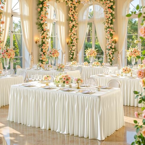 PARTISKY 1 Pack Ivory Tablecloths for Rectangle Tables 8ft, Wrinkle Resistant Spandex Table Cover Fitted Stretch Table Cloth with Pleated Ruffle Skirts for Party Banquet Dining Birthday Wedding - Image 7