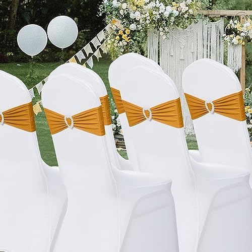 Pack of 60 Spandex Chair Sashes Bows Stretch Chair Cover Band with Buckle Slider Universal Elastic Chair Ties for Wedding Banquet Party Event Decoration (Gold) - Image 7