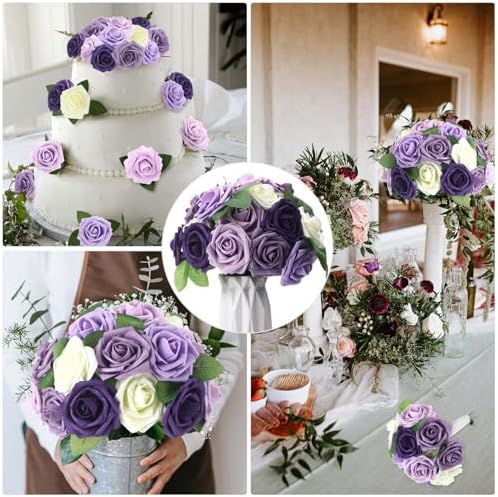 100 Pcs Artificial Foam Rose Flower Faux Bouquet Wedding Fake Rose Gift for Mother's Day Women DIY Bridal Shower Party Table Birthday Home Spring Decor (Shades of Lavender) - Image 6