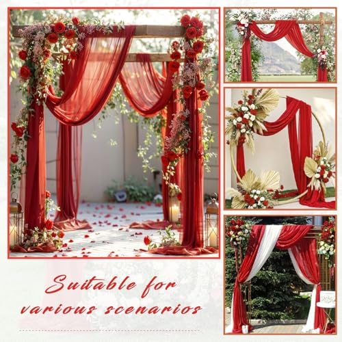 20Ft Length x 28" Width 4 Panels Wedding Arch Draping Fabric Red Arch Drapes Chiffon Fabric Sheer Curtains Backdrop for Party Decor Wedding Bridal Ceremony Ceiling Stage Reception Decorations - Image 7