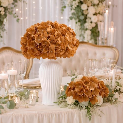 100pcs Toffee Artificial Hydrangea Flowers Heads Fake Hydrangea Silk Flowers for Wedding Centerpieces Bouquets DIY Floral Decor Home Decoration with Stems - Image 5