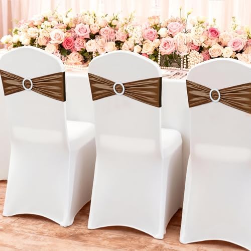 timecity Coffee Spandex Chair Sashes Bands 50 Packs Metallic Stretch Chair Bows Bulk with Buckle Slider Elastic Ties for Wedding Banquet Birthday Party Decor - Image 7
