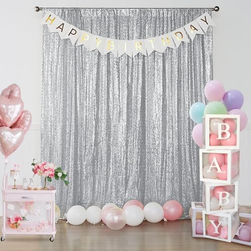 Sugargirl Silver Sequin Backdrop Curtain 8FTx8FT Glitter Silver Background Drapes Sparkle Photography Backdrop for Party Wedding Birthday Wall Decoration(1 Panel) - Image 7