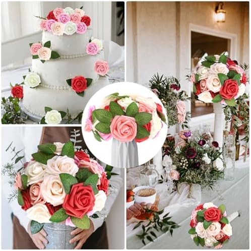 100 Pcs Artificial Rose Flowers, Gradient Red - Image 6