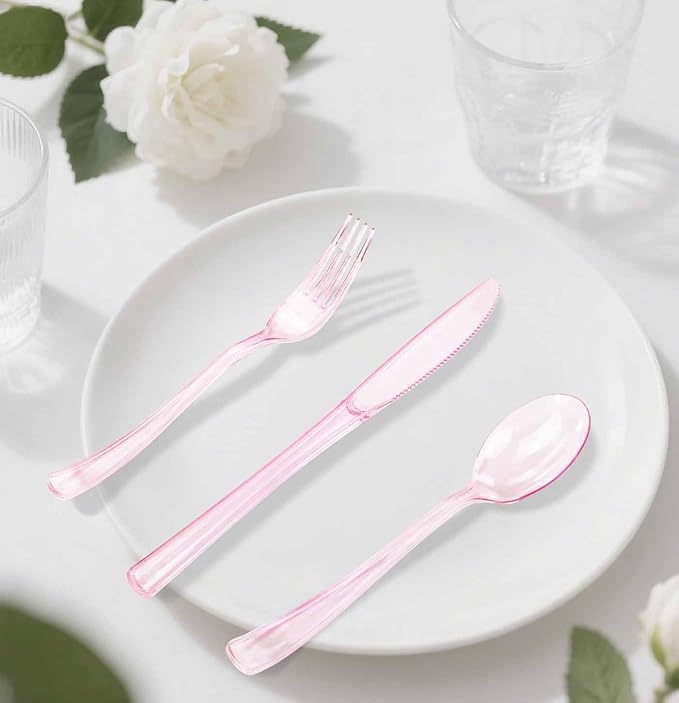HEIPINIUYE 75 Pack Light Pink Clear Plastic Cutlery Heavy Duty Clear Pink Plastic Knives Forks and Spoons Disposable Silverware Set for 25 Guest Camping Birthday Baby Shower Party Utensil Set