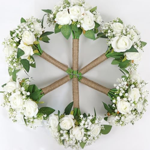 Artificial Bridesmaid Bouquets Set of 6 for Wedding - 7 inch White Flowers Bouquets for Bridesmaids, Faux Rose Gypsophila Rustic Small Floral Bouquet Fake Boho Wedding Party Ceremony Anniversary Decor - Image 7