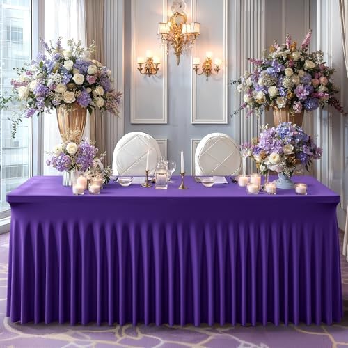 Wish Care 2 Pack Dark Purple Spandex Table Clothes for 8 Foot Rectangle Tables, 8FT Wrinkle Free Fitted Tablecloths Ruffles Design Table Cover for Party, Banquet, Wedding and Events - Image 7