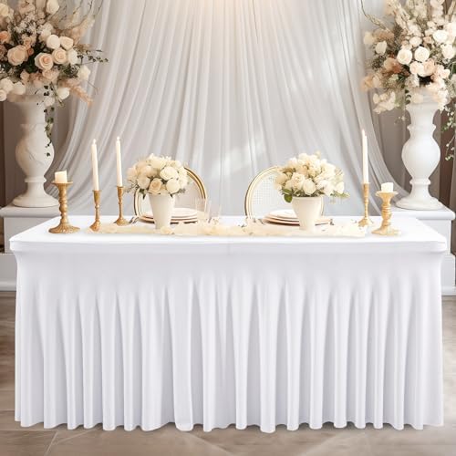 Wish Care 8 Pack White Spandex Table Clothes for 8 Foot Rectangle Tables, 8FT Wrinkle Free Fitted Tablecloths Ruffles Design Table Cloth for Party, Banquet, Wedding and Events - Image 7