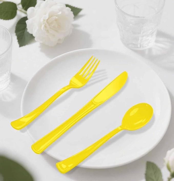 HEIPINIUYE 75 Pack Yellow Plastic Cutlery Heavy Duty Yellow Plastic Knives Forks and Spoons Disposable Silverware Set for 25 Guest Camping Birthday Baby Shower Party Cutlery Set