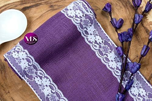VDS Pack of 15, Burlap Table Runner with White Lace Edge, 100% Natural Jute Rustic Hessian Table Cloth Centerpiece for Wedding Birthday Party Banquet Table Decoration (Size 12X108 Inch)(Lavender) - Image 6