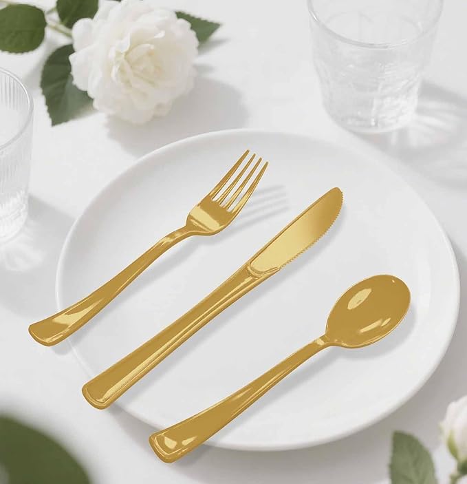 HEIPINIUYE 75 Pack Gold Plastic Cutlery Heavy Duty Gold Plastic Knives Forks and Spoons Disposable Silverware Set for 25 Guest Camping Birthday Baby Shower Party Cutlery Set