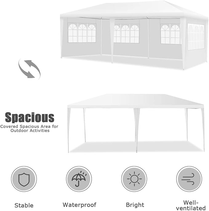 Tangkula Outdoor 10 x 20 Feet Canopy Tent, Party Wedding Tent with Removable Walls, Portable Canopy Shelter Gazebo Pavilion for Event, Backyard, White Tent w/Carry Bag (4 Sidewalls)