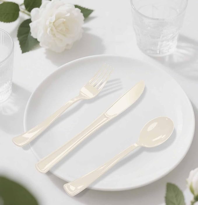 HEIPINIUYE 75 Pack Ivory Plastic Cutlery Heavy Duty Ivory Plastic Knives Forks and Spoons Disposable Silverware Set for 25 Guest Camping Birthday Baby Shower Party Cutlery Set