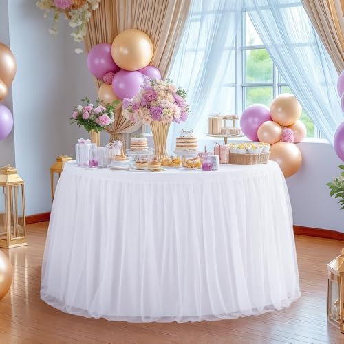 White Round Tablecloth 72 inch Stretchy Elastic Fitted Round Table Cloth Round Cover 132 inch, White Round Tulle Table Cloth with Skirt Wedding Birthday Party Cake Banquet Tables Decoration - Image 7