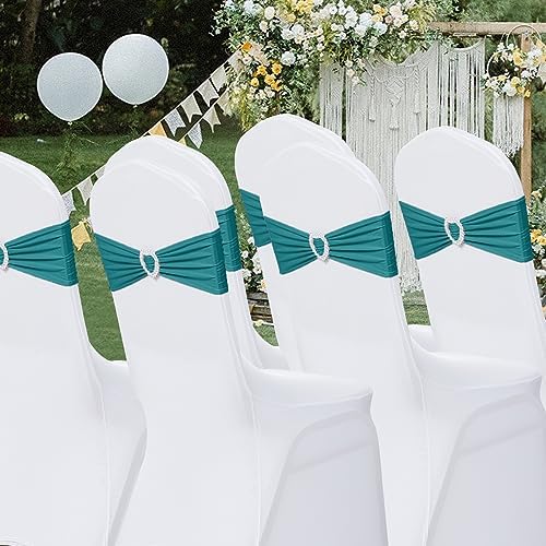 Pack of 30 Spandex Chair Sashes Bows Stretch Chair Cover Band with Buckle Slider Universal Elastic Chair Ties for Wedding Banquet Party Event Decoration (Turquoise) - Image 7