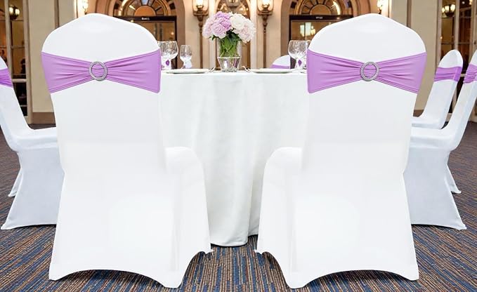 VDS - Light Purple | Spandex Chair Sashes Bows | 100 PCS | Stretch Elastic Banquet Universal Folding Chair Band Tie with Silver Buckle Slider for Wedding Party Conference Celebration Event Decoration - Image 6