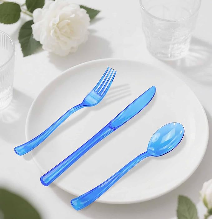 HEIPINIUYE 75 Pack Royal Blue Clear Plastic Cutlery Heavy Duty Clear Blue Plastic Knives Forks and Spoons Disposable Silverware Set for 25 Guest Camping Birthday Baby Shower Party Utensil Set