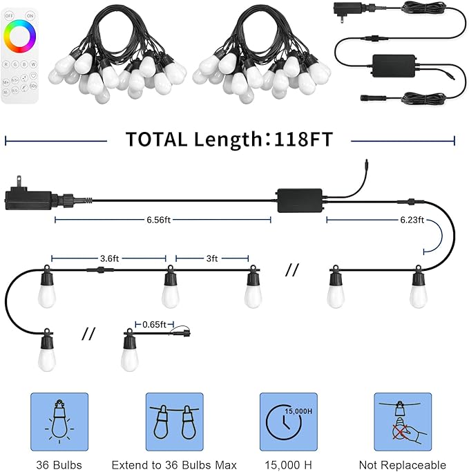 Outdoor String Lights 118FT Smart Patio Lights with Remote &APP Control, 36 LED Bulbs RGB IC Warm White, IP65 Waterproof Color Changing for Christmas, Balcony, Gazebo,Garden, Party, Holiday Decor