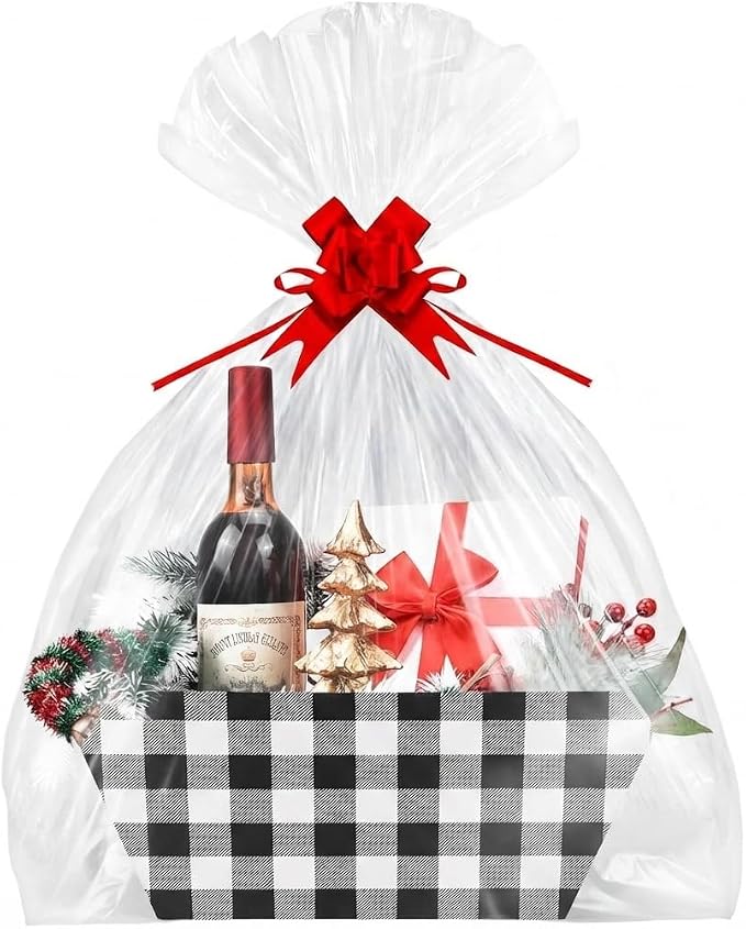 AFOROEOA 10PACK Black White Plaid Christmas Gift Baskets Empty, Baskets For Gifts Empty 10x12”Thick Gifts Basket with 10 Bows 10 Bags Gift Basket for Christmas Xmas Wedding Birthdays Party Wrapping by AFOROEOA