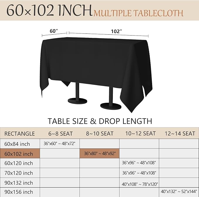 60x102 Table Cloth - 8 Pack Rectangular Black Washable Stain and Wrinkle Resistant Polyester Table Cover for Dining Tables, Various Parties and Camping (Black) - Image 7