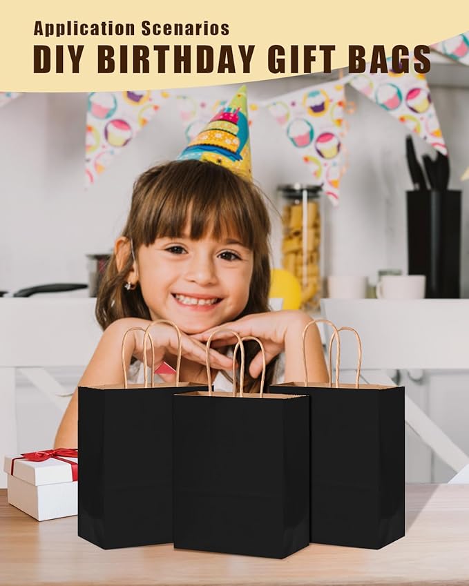 Bakepacker 100-Pack Medium Size Gift Paper Bags with Handles Bulk 10.6"x8.3"x4.3" Black Party Kraft Shopping Bags - Image 6