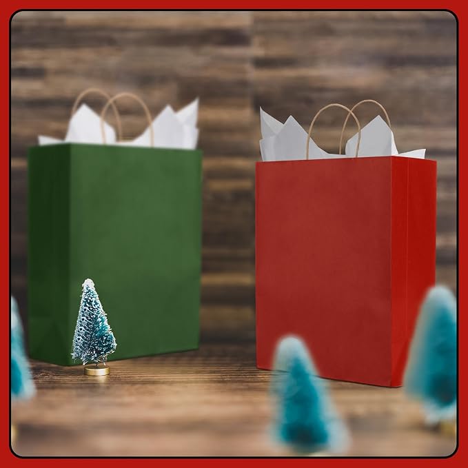 Kolldenn 120 Pcs Brown Red and Green Christmas Gift Bags Holiday Gift Kraft Paper Bags with Handles for Wedding Baby Shower Bridal Shower Shopping Party Favor Business(8.26 x 6.3 x 3.15 Inches) - Image 7
