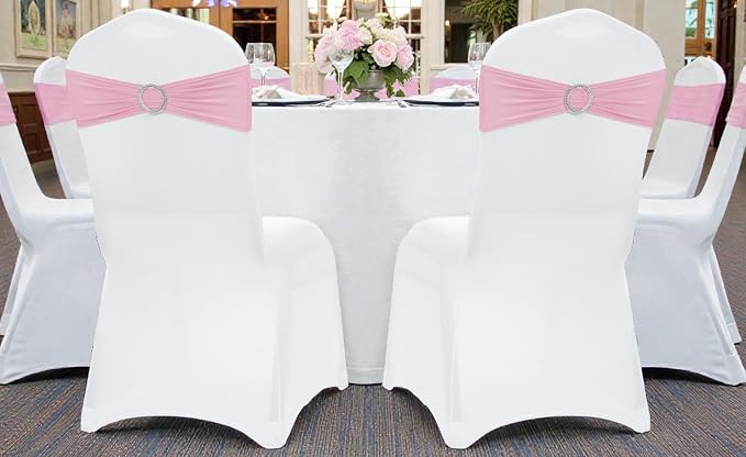 VDS - Pink | Spandex Chair Sashes Bows | 75 PCS | Stretch Elastic Banquet Universal Folding Chair Band Tie with Silver Buckle Slider for Wedding Party Conference Celebration Event Decoration - Image 6