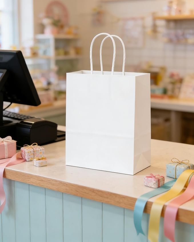 qiqee 400-Packs White Paper Gift Bags with Handles Bulk 10.6"x8.3"x4.3" Medium Size Paper Bags Multiple Uses - Image 8