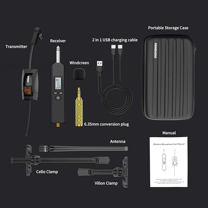 UHF Wireless Violin Cello Microphone System Violin Pickup Clip-on Instrument Microphones with Transmitter and Receiver for Musicians, Teachers, Stage Performances, Active PA Systems, 196ft Range
