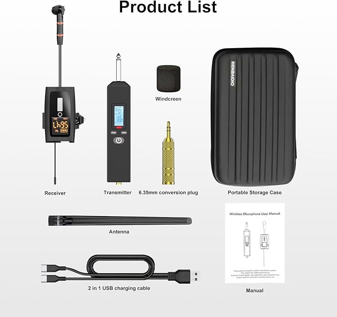 Wireless Flute Microphone System, UHF Wind Music Instruments Microphone with Rechargeable Receiver and Transmitter 196ft Range, Professional Tubular Instrument Clip Great for Flute, Piccolo