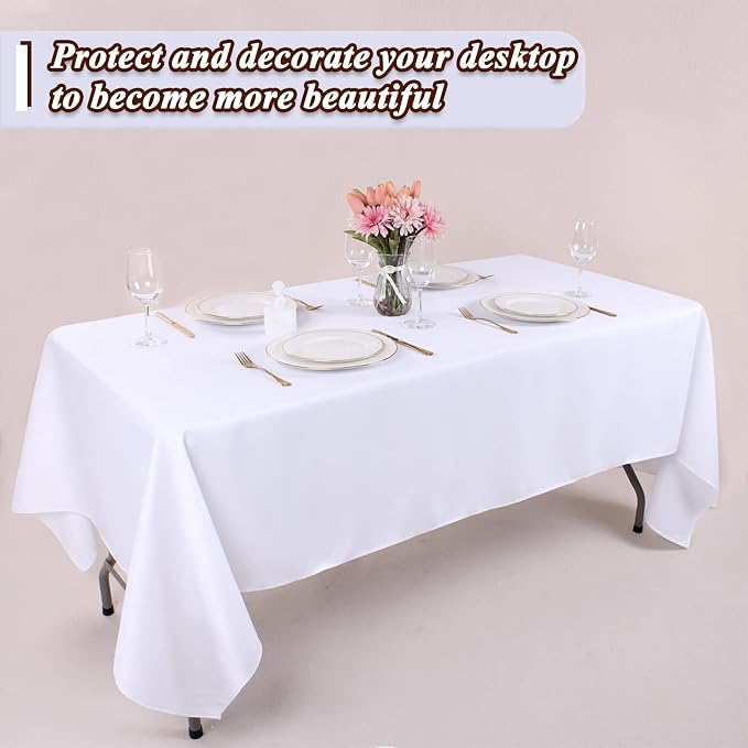 Kesfey 4 Packs White Polyester Table Cloth 60 x102 inch Washable Wrinkle Resistant Tablecloths Fabric Table Covers for 6 Foot Rectangle Tables High Density Banquet Tablecloth for Wedding Celebration - Image 8