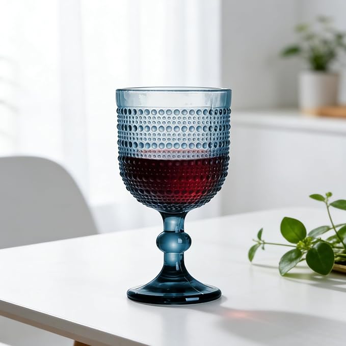 Blue Wine Glasses Set of 4, 12oz Vintage Goblet Glasses, Embossed Glass Cups Hobnail Glassware for Weddings, Dinners, and Holiday Gifting