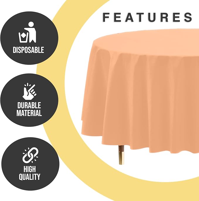 Exquisite Peach Round Tablecloth 84" - 48 Pack | Plastic Tablecloth, Disposable Table Covers Round for Parties, Weddings, Holidays & Party Supplies - Image 7